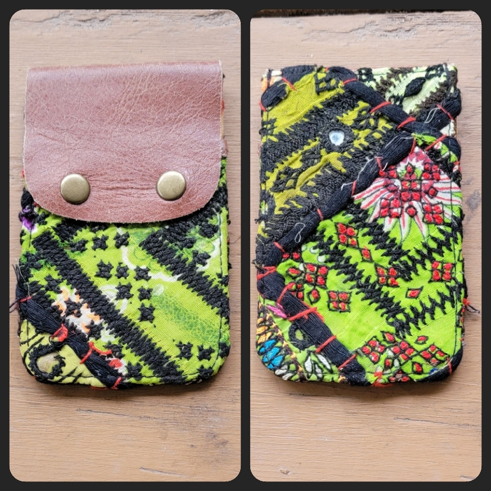 🧠🍳 Free People Boho Embroidered Repurposed vtg banjara hippie Wallet card case